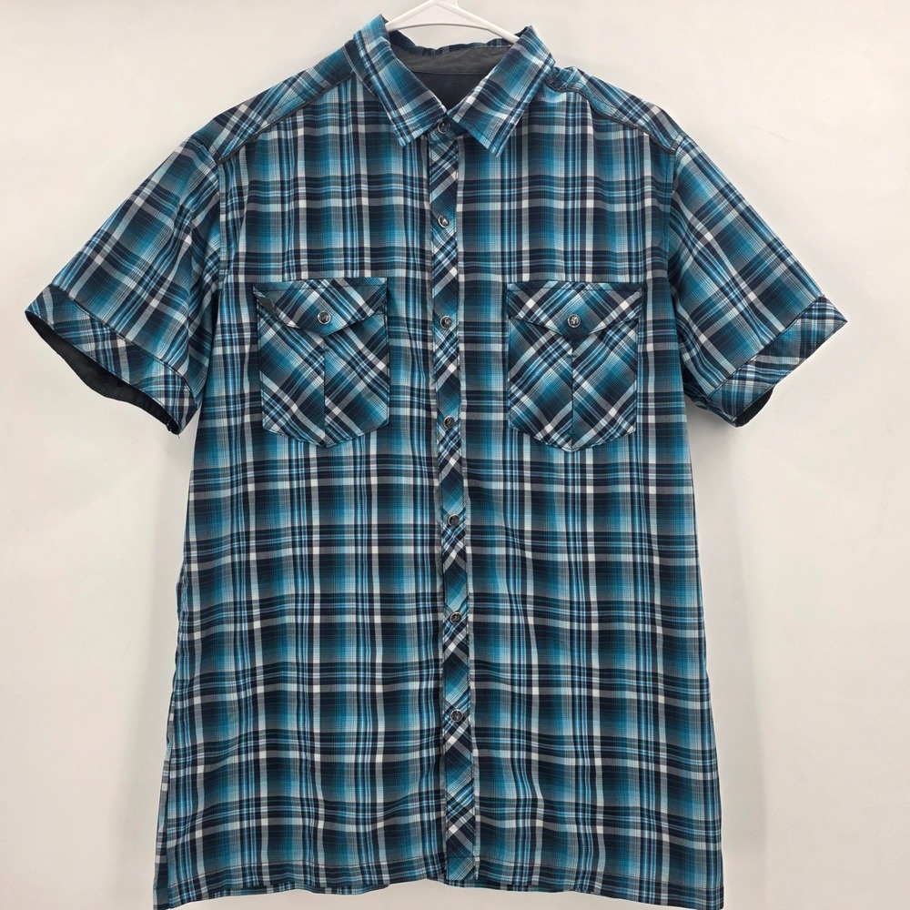 KUHL PEARL SNAP SHIRT MENS SMALL BLUE PLAID ELUXUR PERFORMANCE SHORT SLEEVE HIKE - Picture 2 of 14